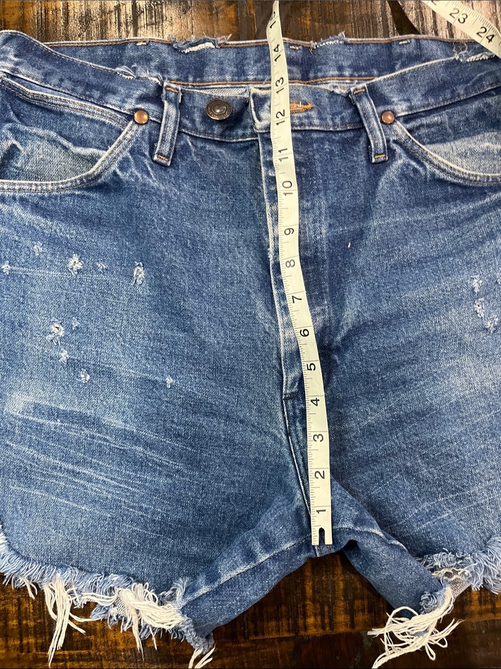 Wrangler Blue Distressed Denim Cutoff Shorts - Picture 5 of 7